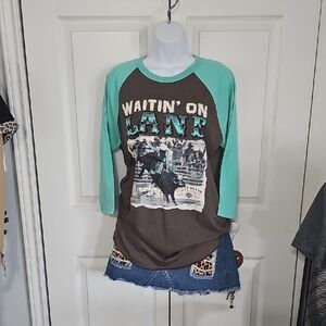 Brown and Teal Graphic Raglan Tee